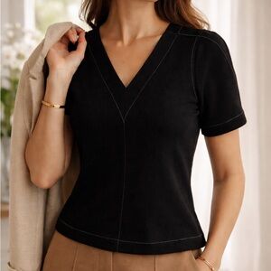 Max Studio Black V-Neck Short Sleeve Blouse Small Structured Knit